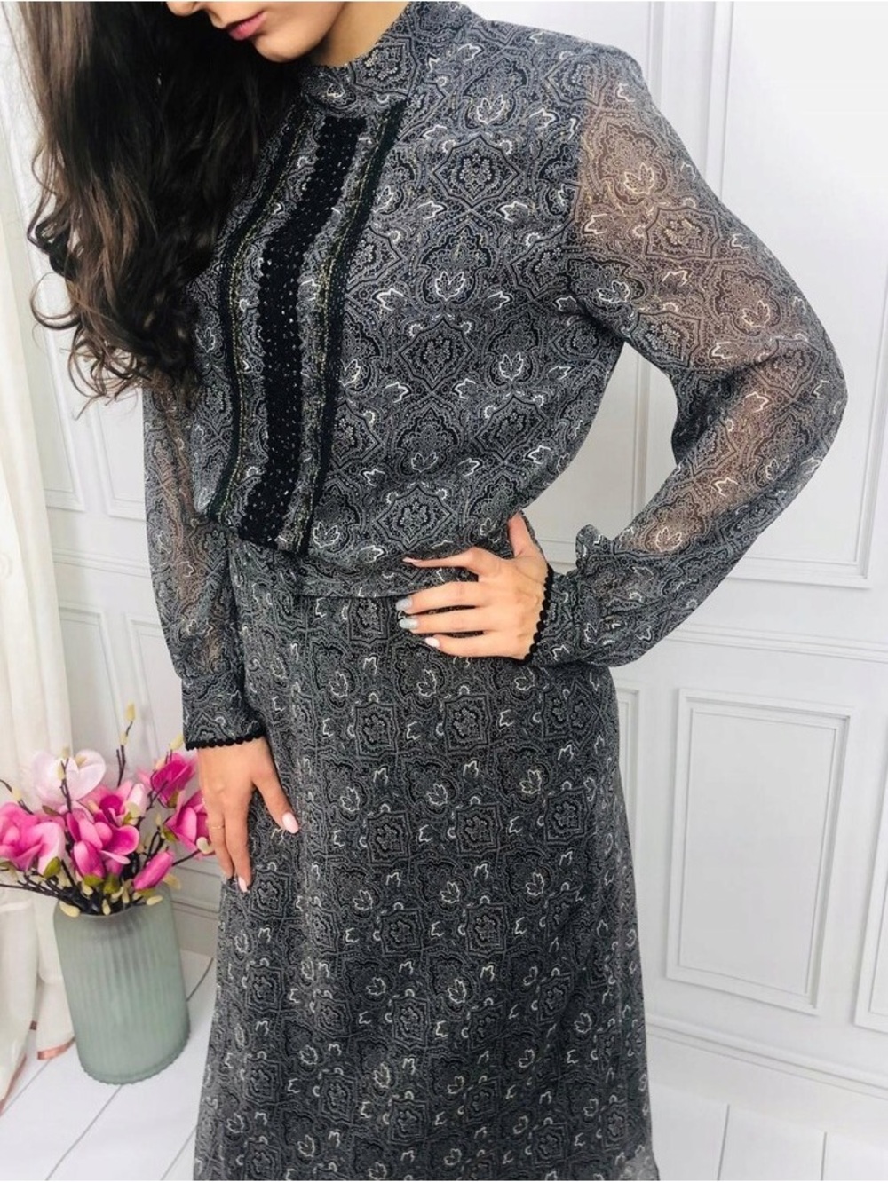 Zara Black Paisley-Print Long Sleeve Midi Dress